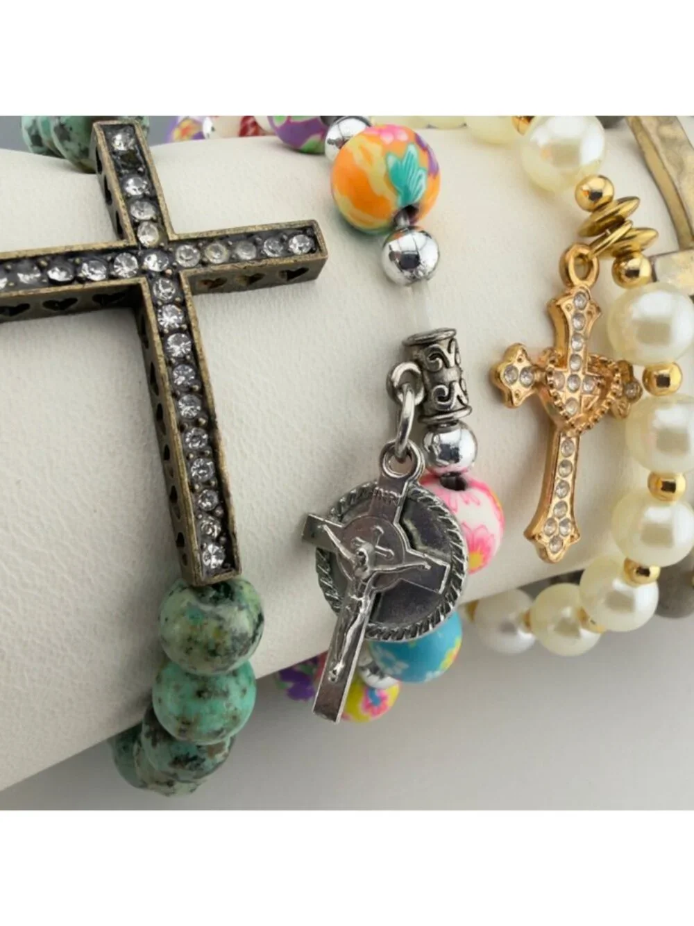 Mixed Cross Charm Beaded Stretch Bracelets Set Of 6 Multicolor